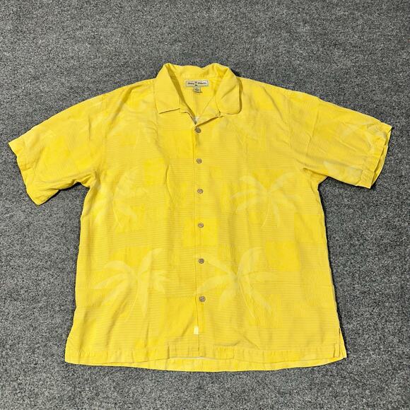 Tommy Bahama Yellow Palm Tree 100% Silk Short Sleeve Button Up Shirt Size XL - Picture 1 of 6